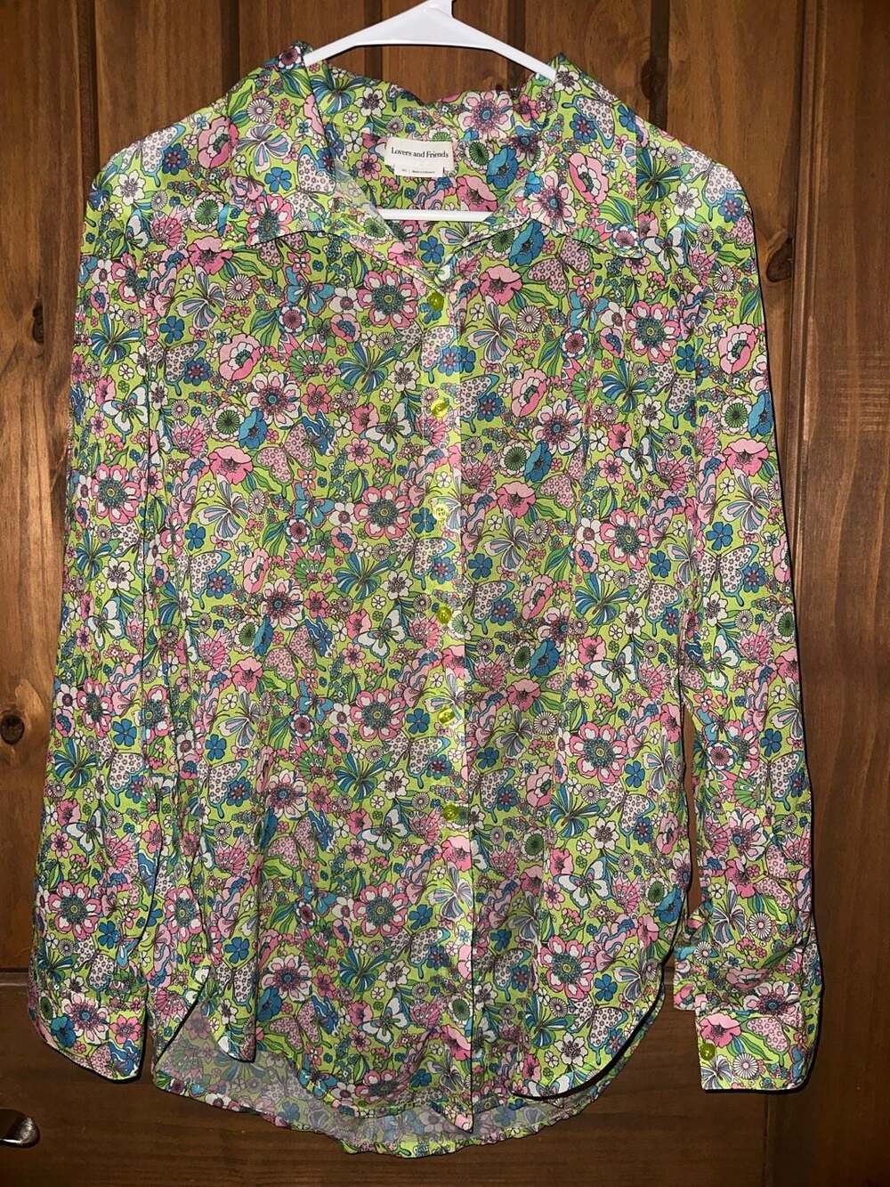Lovers and Friends Green Pink Floral Button Up Long Sleeve Blouse XXS